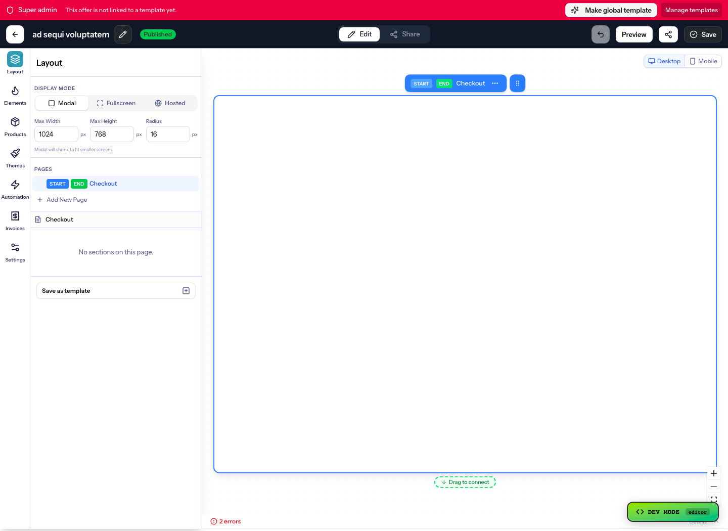 The Numi offer editor with layout, products, automation, invoices, and settings controls.