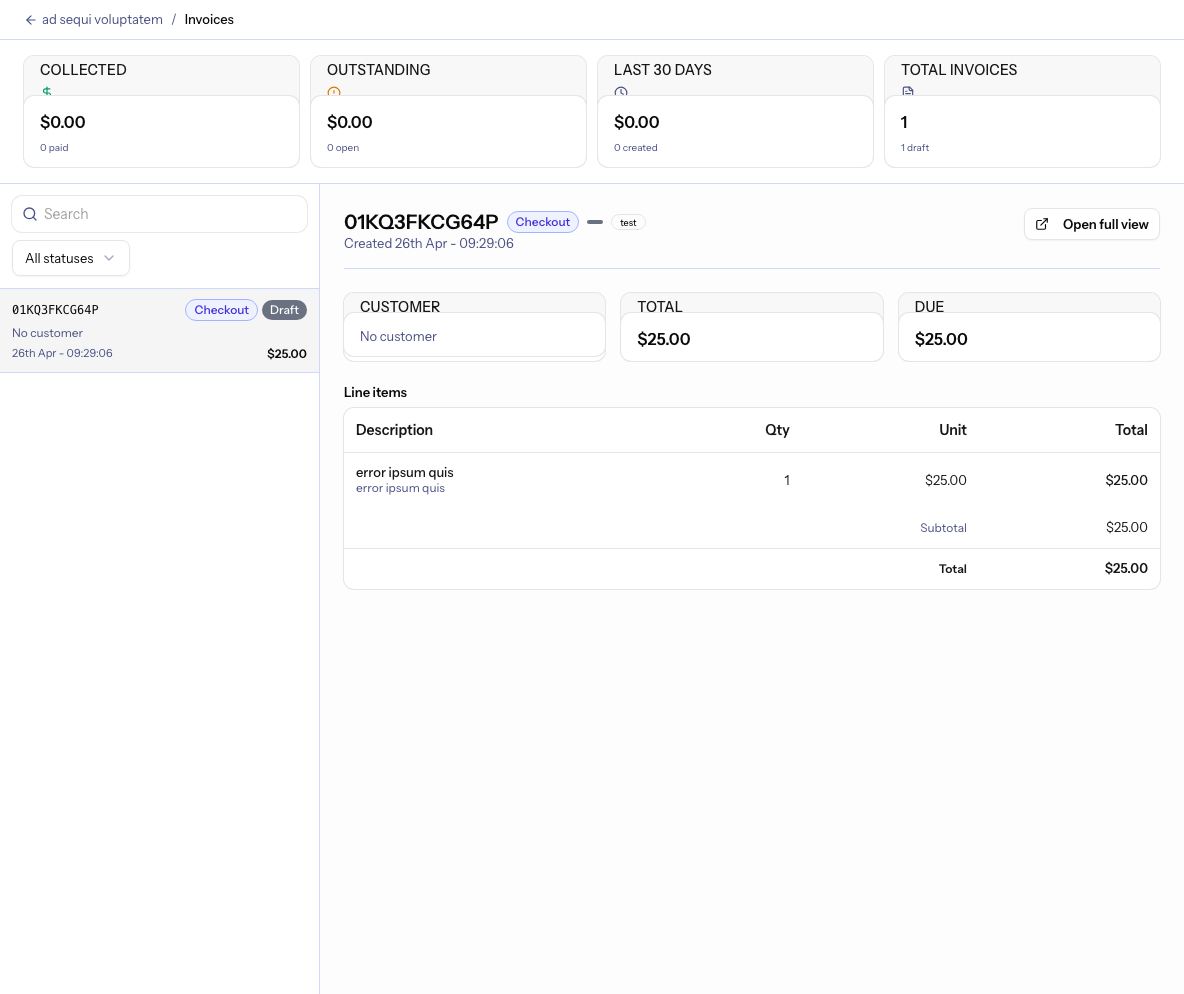 The Numi offer invoices page showing invoice status, customer, amount, and line item information.