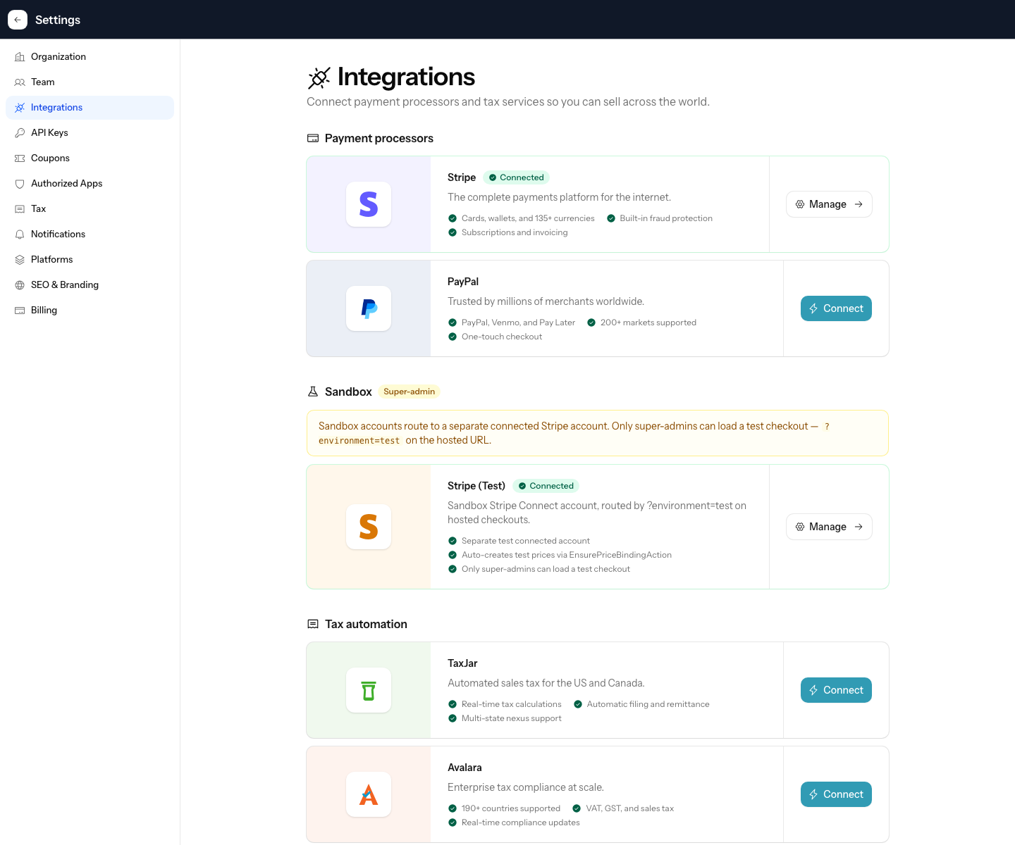 The Numi integrations settings page showing Stripe, PayPal, TaxJar, and Avalara connection options.