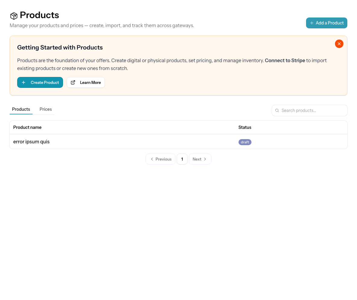 The Numi products page showing a product, price, and Stripe connection status.