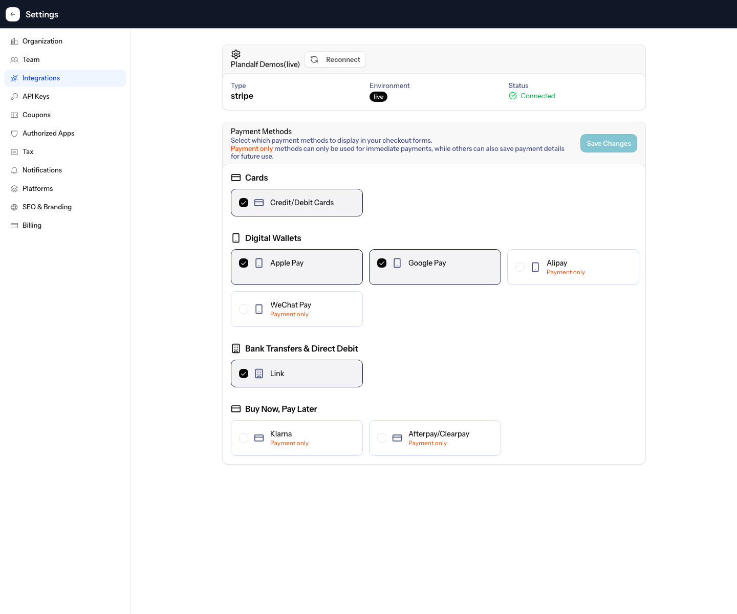 The Numi Stripe payment methods settings page showing card, wallet, bank transfer, and buy now pay later options.