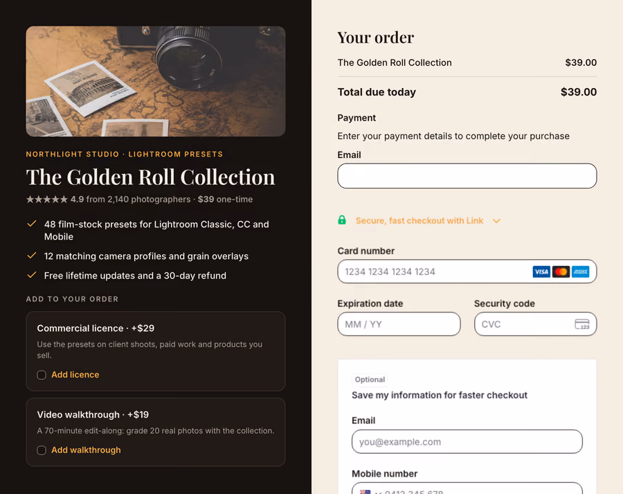 Digital Product + Upsell checkout